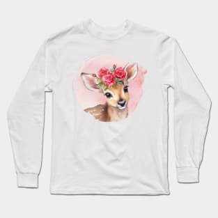 Cute Girl Baby Deer With Floral Crown Long Sleeve T-Shirt